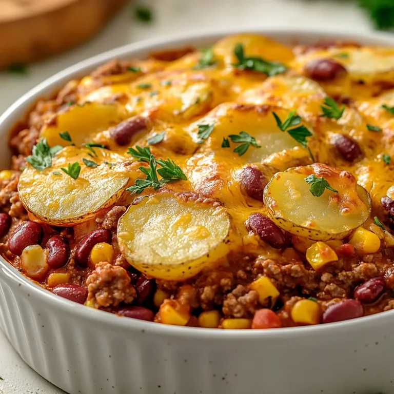 Savory Hobo Casserole Delight is a hearty and flavorful dish that embodies the essence of comfort food. This casserole combines the rich flavors of ground beef, kidney beans, and corn, all layered with thinly sliced potatoes and topped with a generous helping of sharp cheddar cheese. It's a meal that not only satisfies hunger but also warms the soul, making it a perfect choice for chilly evenings or cozy family dinners.