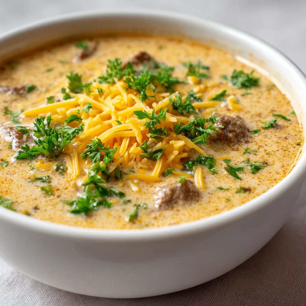 The Ultimate Cheesy Beef Soup serves as the perfect meal for winter, providing warmth and comfort in every spoonful. This hearty dish combines savory ground beef with a medley of vegetables and a creamy cheddar cheese finish, making it an ideal choice for cold evenings. The blend of flavors, from the rich beef broth to the sharp notes of cheddar cheese, creates a satisfying experience that warms you from the inside out. Whether you're huddled by the fireplace or gathered around the dinner table with family, this soup is sure to be a hit.
