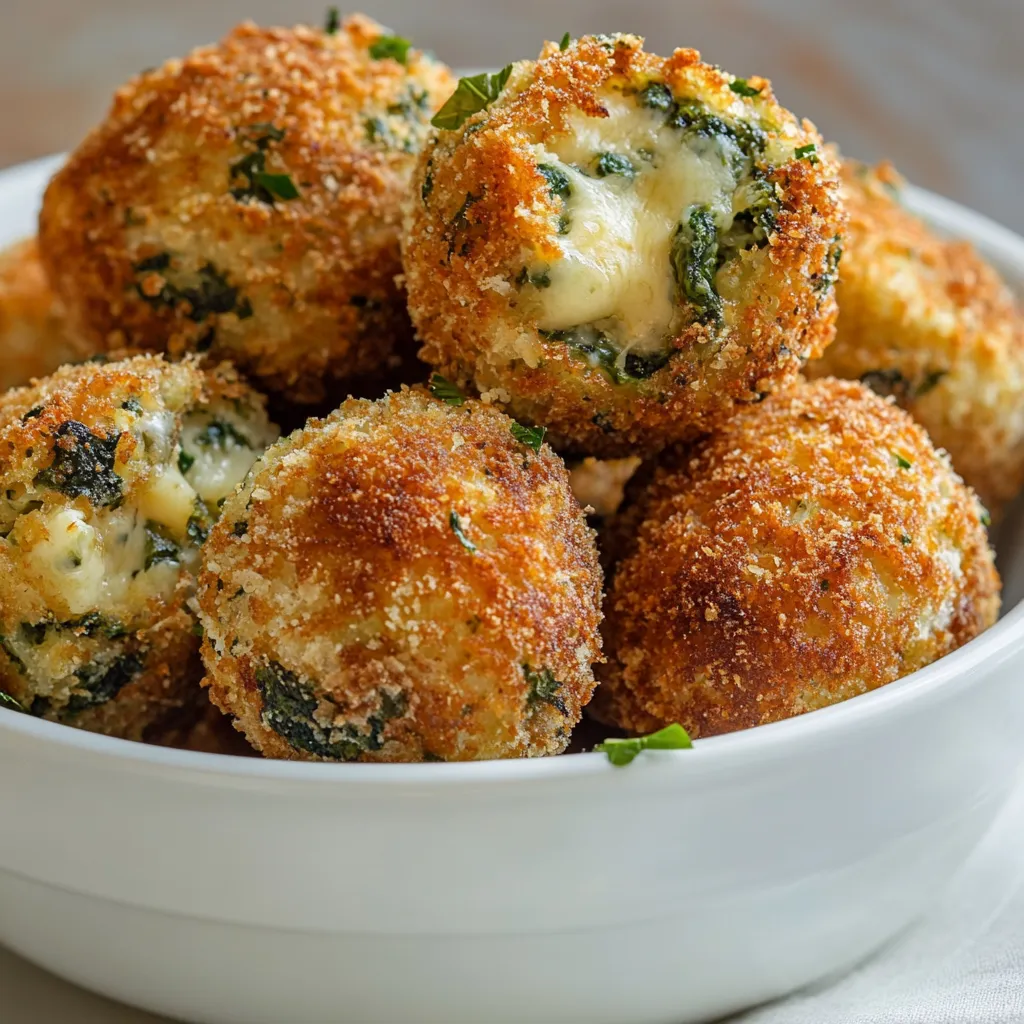 Crispy spinach and cheese croquettes are the epitome of comfort food that delights both the palate and the eyes. With their golden, crunchy exteriors enveloping a luscious filling of spinach and creamy cheeses, these croquettes are sure to impress. The combination of the vibrant green spinach with ricotta, mozzarella, and Parmesan brings a symphony of flavors that are rich yet surprisingly light. Not only are they delicious, but they also sneak in some nutritional value thanks to the fresh spinach, making them a winning dish for anyone looking to enjoy a treat while maintaining a semblance of healthy eating.
