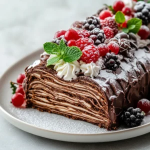 The Festive Yule Log Cake, also known as Bûche de Noël, is a dessert that captures the essence of the holiday season. This traditional cake, reminiscent of the Yule log burned during winter solstice celebrations, features a rich chocolate sponge that brings together the comforting flavors of cocoa and sweetness. As a focal point for holiday gatherings, the Yule log not only delights the palate but also offers a visual feast, beautifully adorned with its frosting and festive decorations.