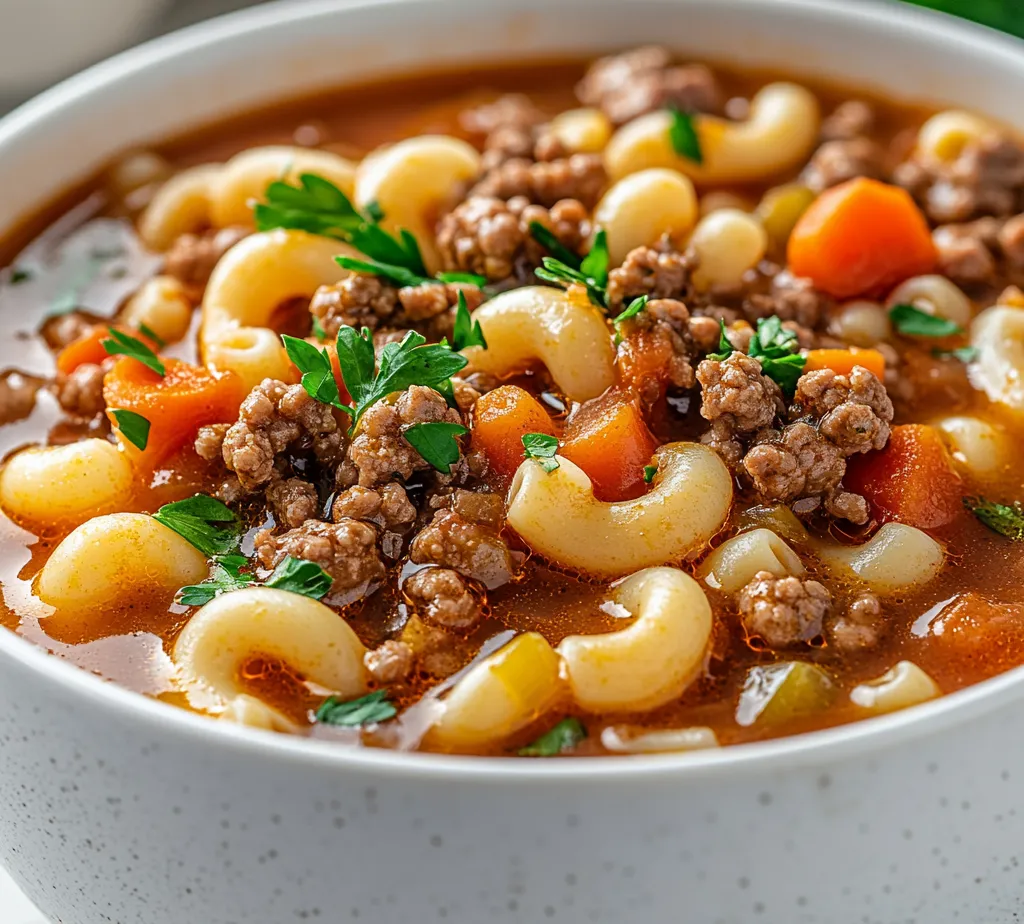 Explore the delectable world of comfort foods with this Beef and Macaroni Delight Soup. Perfect for chilly days or when you're craving something hearty, this soup marries rich flavors with tender textures. Ground beef, vibrant vegetables, and nutritious elbow macaroni combine to create a satisfying and nurturing bowl that warms both body and soul. As the temperatures drop, there’s nothing quite like a steaming bowl of soup to evoke feelings of comfort and home.