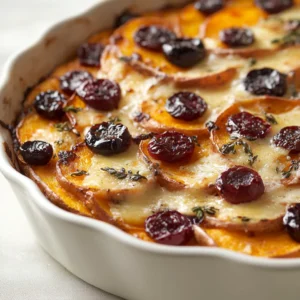 Sweet Potato and Cranberry Gratin Delight harmoniously combines the earthy sweetness of sweet potatoes with the tart brightness of cranberries. This dish stands out with its creamy texture, thanks to a luscious cream mixture that melds the flavors beautifully. Topped with a layer of Gruyère and Parmesan cheeses, the gratin achieves an impressive golden crust that not only looks appealing but also provides an added depth of flavor with every bite.