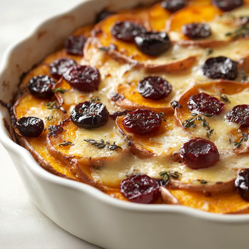 Sweet Potato and Cranberry Gratin Delight harmoniously combines the earthy sweetness of sweet potatoes with the tart brightness of cranberries. This dish stands out with its creamy texture, thanks to a luscious cream mixture that melds the flavors beautifully. Topped with a layer of Gruyère and Parmesan cheeses, the gratin achieves an impressive golden crust that not only looks appealing but also provides an added depth of flavor with every bite.