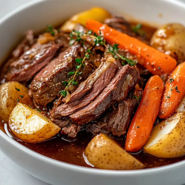 The Hearty Slow-Cooked Beef Roast is a quintessential comfort food that transforms simple ingredients into a rich and flavorful dish. This slowly cooked roast is perfect for family gatherings or a cozy dinner at home, delivering tender meat and perfectly cooked vegetables that meld together beautifully in a savory gravy. As the roast cooks, the aromas that fill your kitchen are both inviting and mouthwatering, setting the perfect ambiance for a comforting meal.