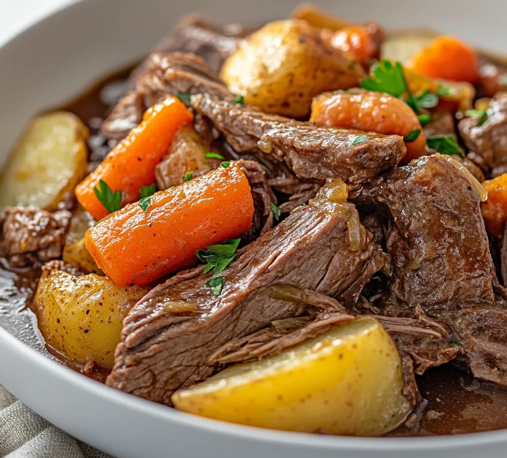 The Hearty Slow-Cooked Beef Roast is a quintessential comfort food that transforms simple ingredients into a rich and flavorful dish. This slowly cooked roast is perfect for family gatherings or a cozy dinner at home, delivering tender meat and perfectly cooked vegetables that meld together beautifully in a savory gravy. As the roast cooks, the aromas that fill your kitchen are both inviting and mouthwatering, setting the perfect ambiance for a comforting meal.