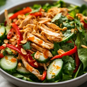 The Zesty Thai Chicken Salad is a delightful dish that brings vibrant flavors and a satisfying crunch to your table. Ideal for lunch or dinner, this salad is not only refreshing but also packed with nutrients, making it perfect for any occasion, from casual family gatherings to more formal events. The combination of tender chicken, crisp vegetables, and a zesty dressing creates a dynamic taste experience that is sure to please a crowd.
