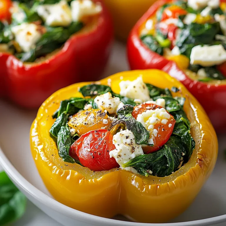 Savory Spinach and Feta Stuffed Bell Peppers are a delightful dish that brings together the vibrant flavors of fresh vegetables with the hearty texture of quinoa. These colorful, nutritious peppers are not only visually appealing but also packed with beneficial ingredients, making them a go-to option for a weeknight meal or a gathering with friends. The combination of crumbled feta and spinach creates a creamy, savory filling that perfectly complements the sweet, slight crunch of the bell peppers.