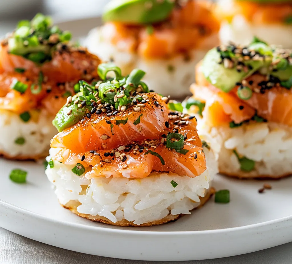 Salmon Crispy Rice Delight is a unique and delectable dish that combines the rich flavors of seared salmon with the satisfaction of crispy rice cakes. This dish beautifully juxtaposes textures, featuring the crunchy exterior of the rice cakes and the tender, flaky salmon on top. It is perfect for showcasing a special meal at home or serving as an elegant appetizer at gatherings.