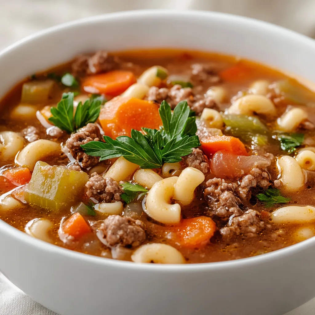 Explore the delectable world of comfort foods with this Beef and Macaroni Delight Soup. Perfect for chilly days or when you're craving something hearty, this soup marries rich flavors with tender textures. Ground beef, vibrant vegetables, and nutritious elbow macaroni combine to create a satisfying and nurturing bowl that warms both body and soul. As the temperatures drop, there’s nothing quite like a steaming bowl of soup to evoke feelings of comfort and home.