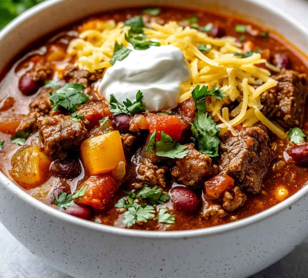 Chili con carne is a beloved dish that showcases rich flavors and hearty textures, making it a quintessential comfort food. This savory slow cooker steak chili con carne celebrates the depth of beef punctuated by a vibrant medley of spices and vegetables. Rooted in the culinary traditions of the American Southwest, chili con carne has gained worldwide popularity, particularly as a satisfying meal for family gatherings, game days, or chilly nights.