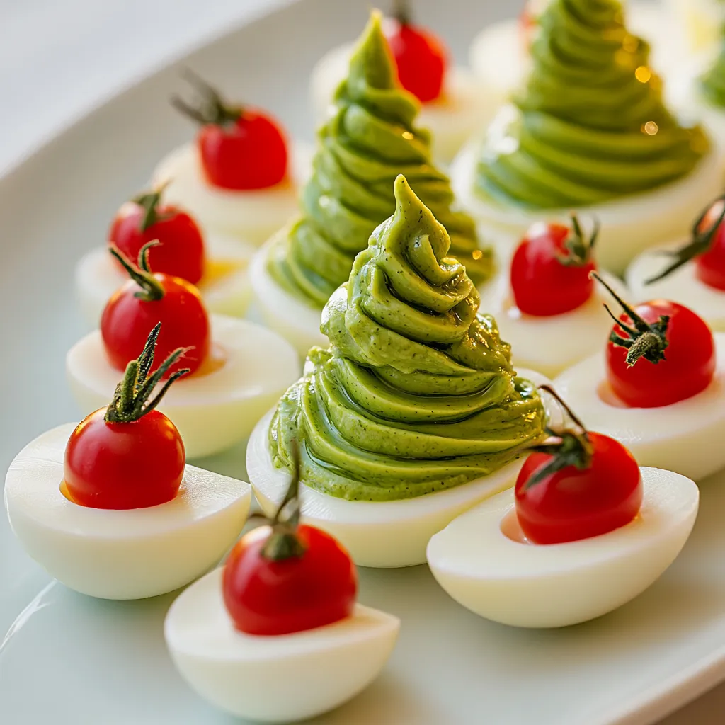 Festive Christmas Tree Deviled Eggs are a delightful twist on a classic appetizer, perfect for holiday gatherings. These visually stunning treats not only taste amazing but also bring festive cheer to your table. The idea of transforming traditional deviled eggs into a Christmas tree triangular design using brightly colored “ornaments” will surely impress anyone who lays eyes on them. Whether you're hosting a family feast or attending a potluck, this recipe promises to captivate both the eyes and taste buds of your guests, making it an ideal addition to any holiday spread.