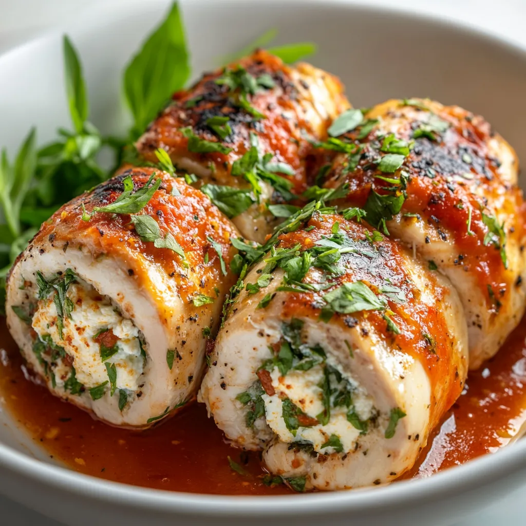 Herbed Ricotta-Stuffed Chicken Rolls are a delightful dish that combines the tender juiciness of chicken with a creamy, herb-infused filling. The indulgent combination of ricotta and Parmesan cheeses, paired with fresh herbs, creates a symphony of flavors that will impress any guest. Whether you're hosting a family dinner or gathering with friends, these chicken rolls offer a perfect main course that's both visually stunning and palate-pleasing.