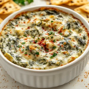 The savory spinach and artichoke dip is a warm, creamy delight that has earned its place as a beloved appetizer at gatherings, game days, and casual family dinners. This indulgent dish is packed with flavors and textures that tantalize the palate. With its luscious combination of spinach, artichoke hearts, and a blend of cheeses, it is sure to please any crowd. Whether enjoyed at a festive gathering or a cozy night in, this dip brings an element of comfort and joy.