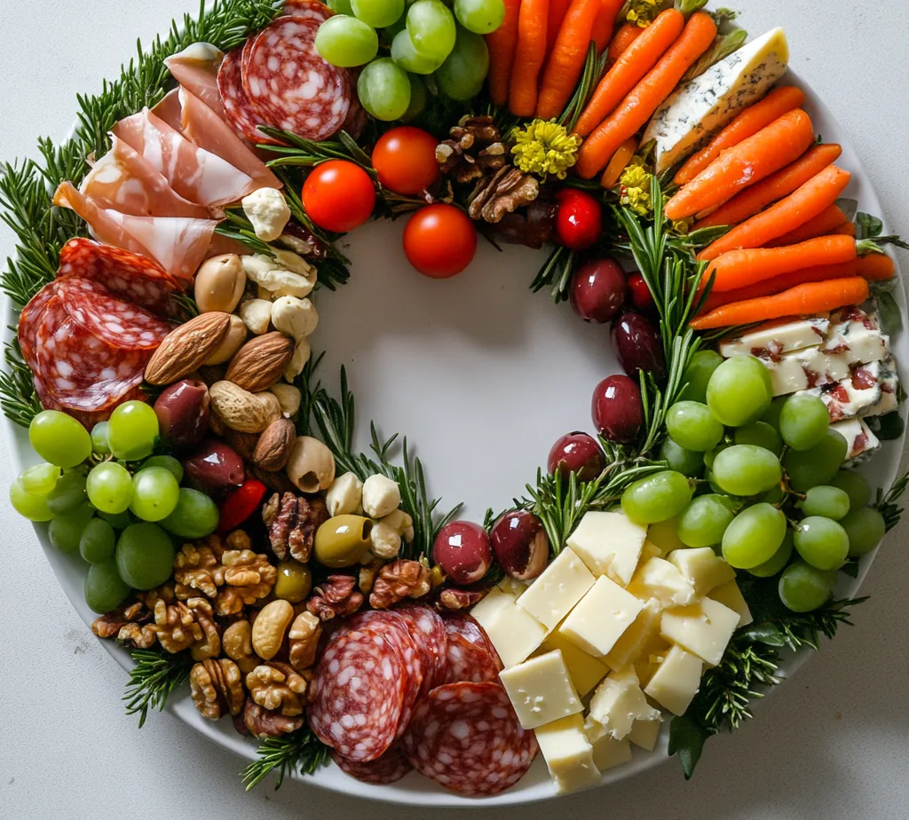 The Christmas Wreath Charcuterie Board is not only a festive treat but also a centerpiece that delights the eyes and palate at any gathering. With a vibrant arrangement of assorted cheeses, cured meats, fresh produce, and crunchy nuts, this charcuterie board embodies the spirit of celebration. Its wreath shape captures the essence of the holiday season, making it an excellent choice for parties, family gatherings, or simply to elevate your holiday snack game.