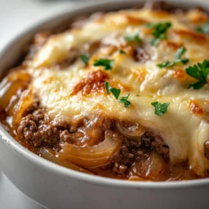 The Savory French Onion Beef Casserole delights with its rich flavors and comforting texture, making it an ideal choice for family dinners or gatherings with friends. This casserole combines the satisfaction of hearty ground beef with sweet, caramelized onions, lifted by the fragrant notes of garlic. Each bite is a balance of savory flavors, all topped with gooey, melted cheese that brings everything together in perfect harmony.