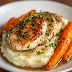 Explore the delightful harmony of flavors with Savory Garlic Herb Chicken paired with creamy mash and honey-roasted carrots. This dish not only tantalizes your taste buds but also brings a majestic presentation to your dining table. The succulent chicken is infused with a robust marinade of fresh herbs, garlic, and lemon, creating layers of savory goodness that are hard to resist. Complementing this are the buttery, creamy mashed potatoes, providing a velvety base that enhances the dish's overall richness. Finally, the addition of honey-roasted carrots adds a sweet crunch that beautifully balances the savory elements, making it a perfect dish for family gatherings or special dinners.