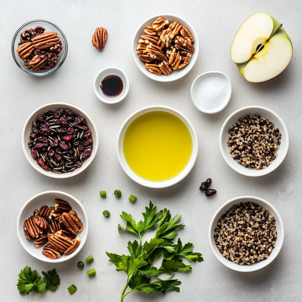 Wild Rice and Cranberry Delight Bowl is a wholesome and vibrant dish that combines the nutty flavor of wild rice with the sweetness of cranberries and apples. This bowl is perfect for a hearty main course or a delightful side, embodying the essence of American cuisine with its fresh and natural ingredients. The contrasting textures—from the chewy cranberries to the crisp apple and crunchy pecans—create an inviting dish that captivates on both sight and taste.