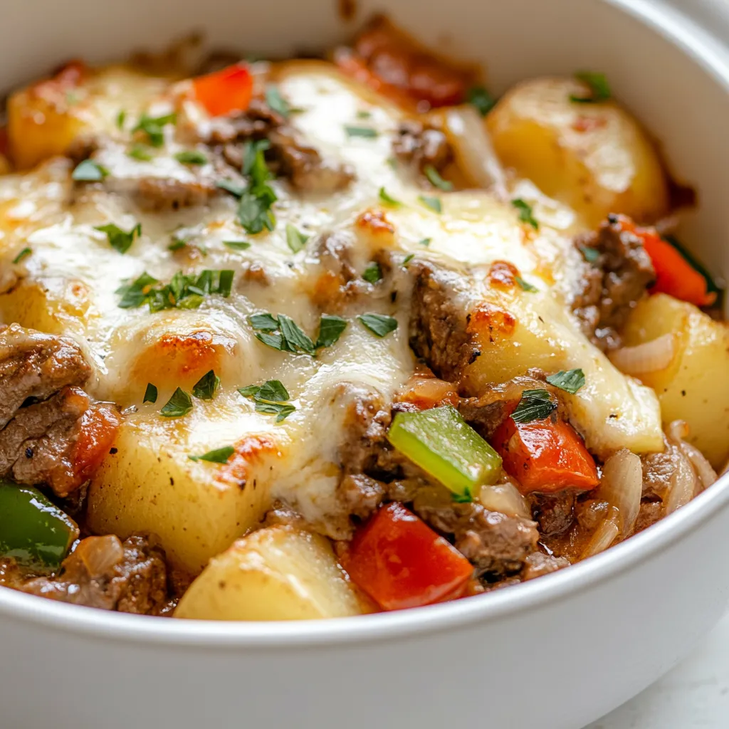 The Crockpot Cheesesteak Potato Casserole is a comforting and hearty dish that brings together the classic flavors of a cheesesteak sandwich and the satisfying texture of a comforting potato casserole. This recipe infuses tender potatoes with well-seasoned beef, melty provolone cheese, and vibrant vegetables, creating a mouthwatering meal that is perfect for gatherings or a cozy family dinner. The ease of preparation, thanks to the slow cooker, allows the flavors to meld beautifully over several hours, making it an excellent option for those busy weeknights when you want to come home to a delicious home-cooked meal.