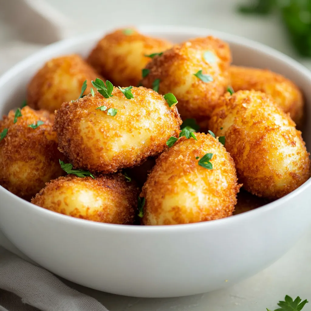 Crispy potato cheese croquettes are a delicious addition to any menu, combining the creamy texture of mashed potatoes with the rich flavors of sharp cheddar, Parmesan, and cream cheese. These golden-brown bites are not only crispy on the outside but also bursting with cheesy goodness on the inside, making them an irresistible snack or appetizer. Their delightful crunch pairs beautifully with various dipping sauces, elevating the overall dining experience.