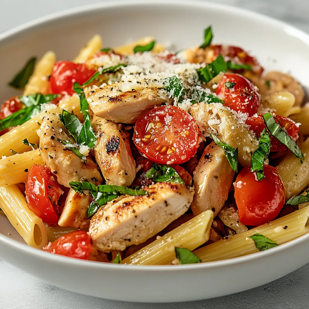 Bruschetta Chicken Pasta Delight is a vibrant dish that beautifully combines the flavors of Italian cuisine. This recipe is perfect for a cozy family dinner or a gathering with friends, showcasing juicy chicken, al dente pasta, and a fresh bruschetta topping. The dish not only bursts with flavor but also delivers a colorful presentation that will impress your diners. The tangy balsamic vinegar and the aromatic garlic elevate the simple ingredients, creating a satisfying and delicious meal made from scratch.