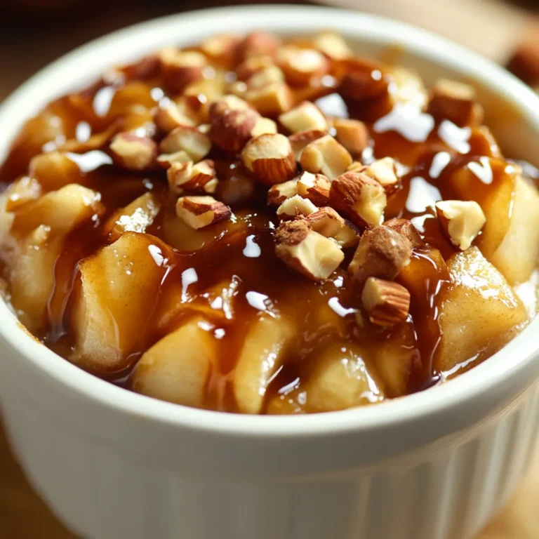 The Caramel Apple Honey Hazelnut Bake is a delicious and comforting dessert that embodies the essence of fall with every bite. This dish features tender apples which soak up rich flavors, complemented by the nutty crunch of hazelnuts, and elevated with a sweet hint of honey and caramel. Designed to be enjoyed warm, it creates a cozy atmosphere perfect for gatherings or intimate dinners. With its delightful blend of textures and flavors, this bake offers a satisfying end to any meal.