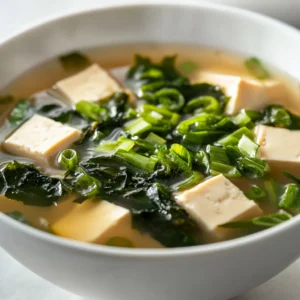 Miso soup is a beloved staple of Japanese cuisine, celebrated for its comforting warmth and umami-rich flavor. This soulful bowl of soup is not only nourishing but also represents a real culinary tradition in Japan. Made primarily from miso paste and dashi broth, it can be customized to include various ingredients depending on regional variations or personal preferences. This particular recipe features tofu and wakame seaweed, creating a delightful balance of taste and texture. The tender cubes of tofu soak up the flavors, while the wakame adds a unique depth to the broth.