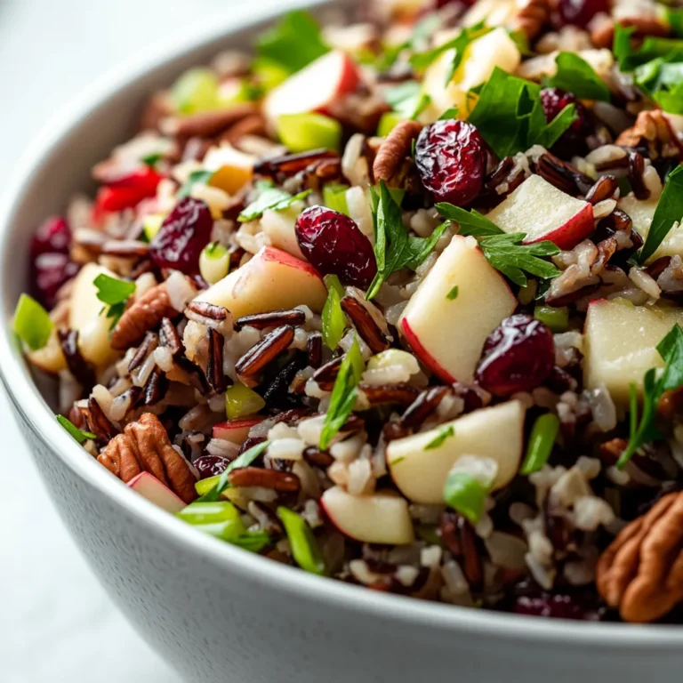 Wild Rice and Cranberry Delight Bowl is a wholesome and vibrant dish that combines the nutty flavor of wild rice with the sweetness of cranberries and apples. This bowl is perfect for a hearty main course or a delightful side, embodying the essence of American cuisine with its fresh and natural ingredients. The contrasting textures—from the chewy cranberries to the crisp apple and crunchy pecans—create an inviting dish that captivates on both sight and taste.