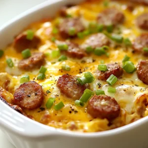 The Savory Sausage & Egg Breakfast Bake is the epitome of a fulfilling morning meal, seamlessly combining hearty components into a single, delectable dish. This casserole features crumbled breakfast sausage that exudes a rich, savory flavor, paired beautifully with fluffy eggs and creamy sharp cheddar cheese. The addition of soft, day-old bread not only provides texture but also absorbs the flavorful elements, creating a cohesive and inviting breakfast experience.