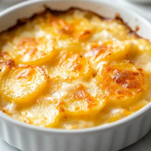 Golden Cheesy Scalloped Potatoes is a quintessential comfort food that appeals to both the palate and the heart. This recipe offers a heartwarming combination of creamy textures and cheesy flavors, making it a perfect side dish for family gatherings, holiday dinners, or cozy weeknight meals. Each layer of thinly sliced russet potatoes is carefully drenched in a rich mixture of cream and cheese, providing a luxurious side that can complement a variety of main dishes.