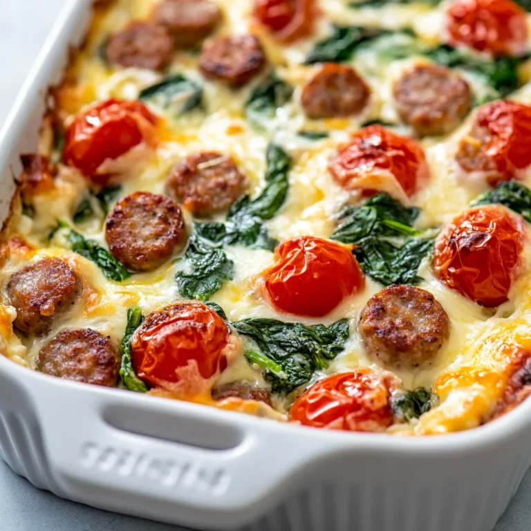 The Cheesy Sausage, Spinach, and Tomato Egg Casserole is a delightful dish that seamlessly blends savory ingredients into a comforting, baked meal. This dish brings together the heartiness of Italian sausage, the freshness of spinach, and the sweetness of cherry tomatoes, all enveloped in a rich egg mixture. The kaleidoscope of flavors makes it a versatile recipe that can be served during family brunches, festive gatherings, or simply as a fulfilling breakfast to kickstart your day.