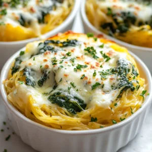 Spinach & Artichoke Spaghetti Squash Nests bring a delightful fusion of flavors to the table, combining the richness of creamy cheeses with the earthy notes of fresh vegetables. This dish utilizes the unique texture of spaghetti squash, which provides a pasta-like experience without the heaviness of traditional grains. The mild sweetness of the squash pairs beautifully with the savory elements of spinach and artichokes, making it a crowd-pleaser for both casual and special occasions.