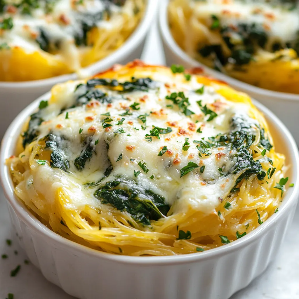 Spinach & Artichoke Spaghetti Squash Nests bring a delightful fusion of flavors to the table, combining the richness of creamy cheeses with the earthy notes of fresh vegetables. This dish utilizes the unique texture of spaghetti squash, which provides a pasta-like experience without the heaviness of traditional grains. The mild sweetness of the squash pairs beautifully with the savory elements of spinach and artichokes, making it a crowd-pleaser for both casual and special occasions.